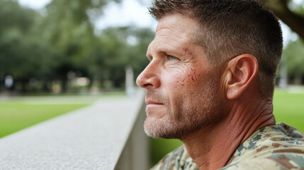Fototapeta premium Portrait of a veteran with visible scars from combat, gazing out into a memorial park. 