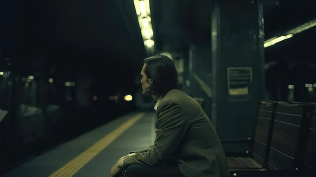 Waiting alone on a deserted train platform while contemplating life and choices at night