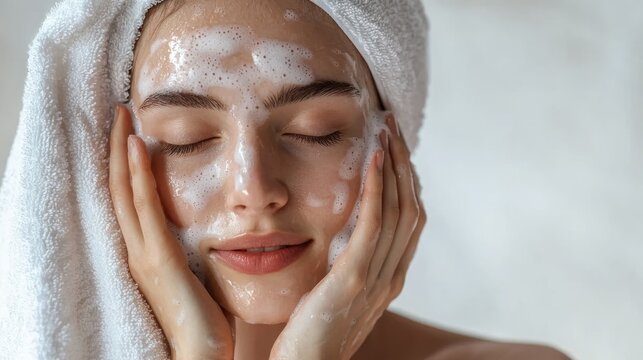 Woman patting her face dry with clean towel after wash