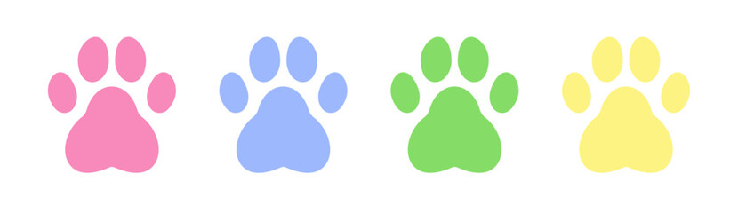 Simple pastel paw print icons – colorful dog or cat footprints for stickers, logos, or playful animal-themed illustrations.