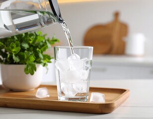얼음이 들어있는 투명컵에 생수를 따르는 모습 Pouring water into a clear cup with ice
