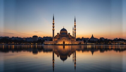 Naklejka premium Illuminated mosque reflected in water at sunset, cityscape backdrop.