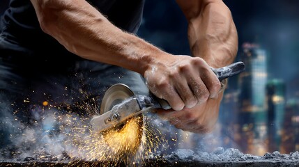 Worker Using Angle Grinder on Concrete Surface at Night Cityscape