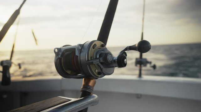 Detailed close-up of a fishing reel on a boat rod with the ocean fading in the distance.