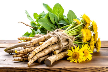 Fototapeta premium Fresh Parsnips with Dandelion Flowers on Rustic Wooden Board. Organic Harvest Still Life, Generative AI