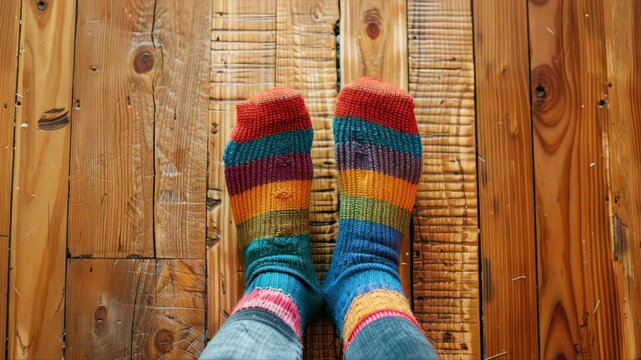 Colorful socks displayed on wooden floor showcasing vibrant patterns and textures in a cozy indoor setting