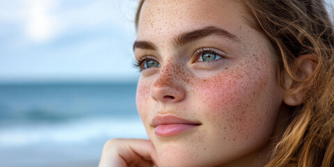 Obraz premium Portrait of a young woman with light freckles, looking out at the ocean from a Swedish beach. 