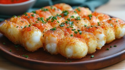 Crispy Shrimp Bites on Wooden Plate, Tomato Sauce in Background
