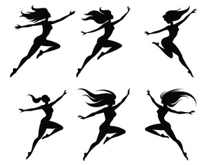 Silhouettes of women dancing in energetic jumping motion