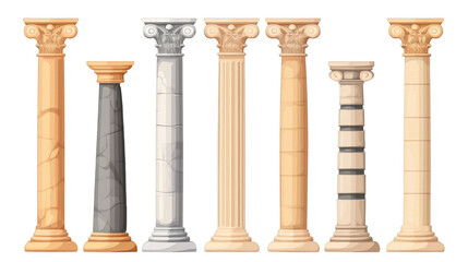 Fototapeta premium Set of architectural columns and classic stone pillars for construction and decoration isolated on white background 