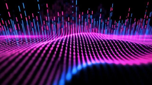 Abstract data flow with binary code, neon purple and blue light for technology concept, network and digital stream, computer science, wave pattern design background