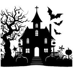 halloween background with haunted house and bat vector