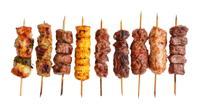 Set of delicious grilled kebabs on metal skewers with smoky texture isolated on white background