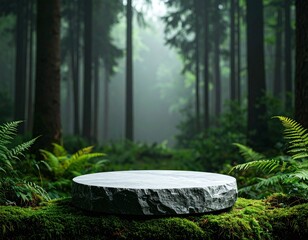 Circular Stone Platform Amidst Lush Green Forest With Misty Sunlight