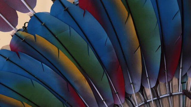 Artificial macaw bird tail feather traditional indigenous headdress alternative Bolivia amazon