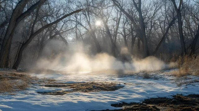 Winter Sunrise Over a Misty Stream
