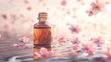 Aromatic amber glass bottle of essential oil sits on a surface of rippling water, surrounded by delicate pink flower petals, in a soft, dreamy light.