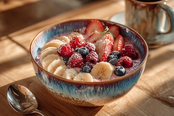 A colorful bowl of smoothie, topped with mixed berries and banana slices, sits on an elegant wooden table in the morning sunlight.