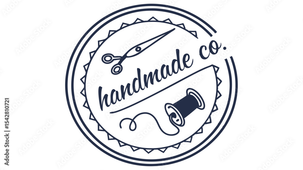 Fototapete circular handmade company logo design featuring scissors, thread spool, and decorative border elemen