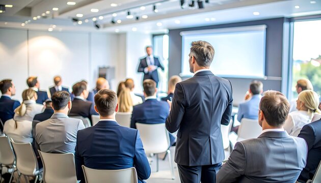 Business conference shows presenter speaking to an attentive audience in modern setting with screen.