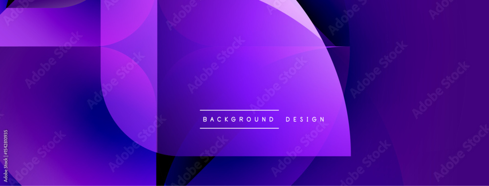 Poster Abstract purple design features geometric shapes, circles, squares. Modern background with gradient effect, simple text overlay.