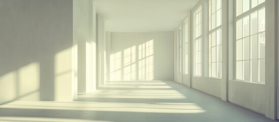 Obraz premium Sunlight streams into an empty, white hallway