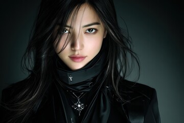 Close-up portrait of a woman with long black hair and a dark outfit