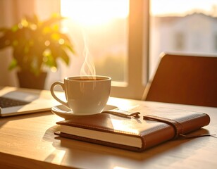 책상 위 스팀이 피어오르는 커피 한 잔과 가죽 커버의 다이어리 A steaming cup of coffee and a leather-covered diary on the desk
