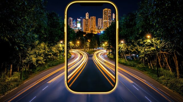 Night City Lights Trails on Smartphone Screen