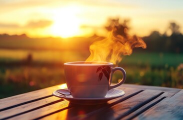 Warm coffee cup at sunrise