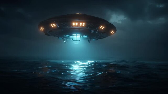 Mysterious UFO hovering over ocean at night - Powered by Adobe