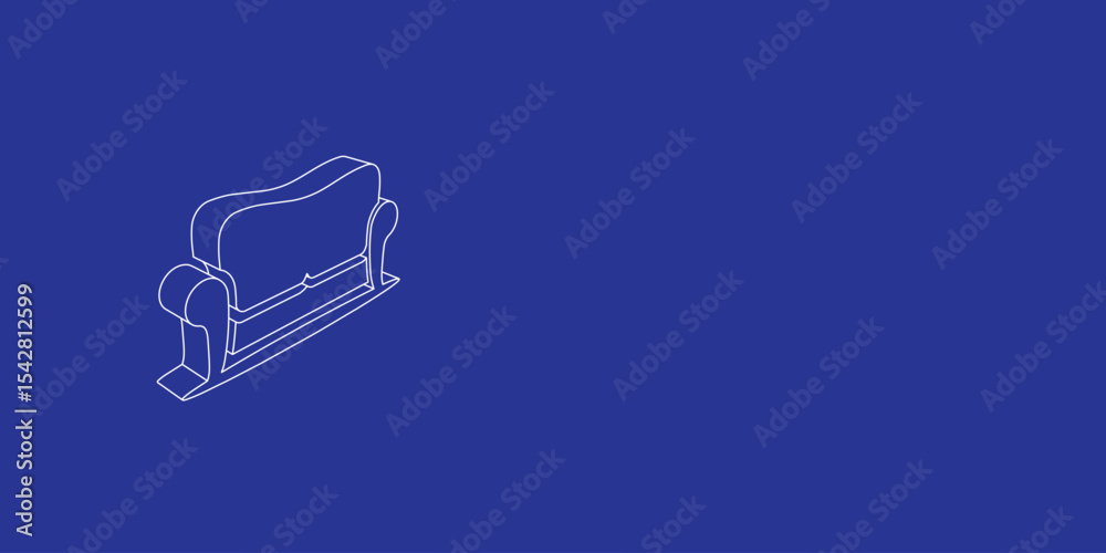 Poster the outline of a large sofa symbol made of white lines on the left. 3d view of the object in perspec