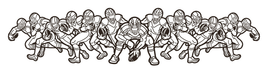 American Football Players Cartoon Outline Mix Action Sport Team Graphic Vector