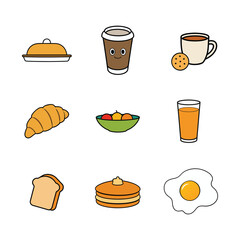 Vector art of breakfast food items including coffee juice croissant pancakes egg and toast isolated on white background