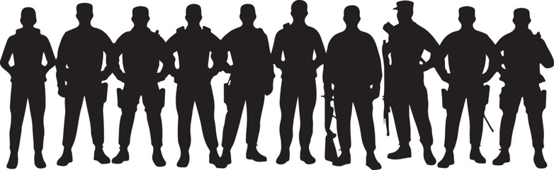 Silhouette of Security Guards Standing in a Row on a Plain Background