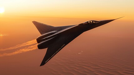 Futuristic Stealth Fighter Jet Flying Over Desert at Sunset