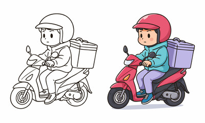 courier riding scooter with box package coloring page for kids