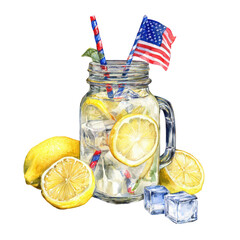 Refreshing Lemonade in a Mason Jar with American Flag Patriotic Summer Drink, transparent background