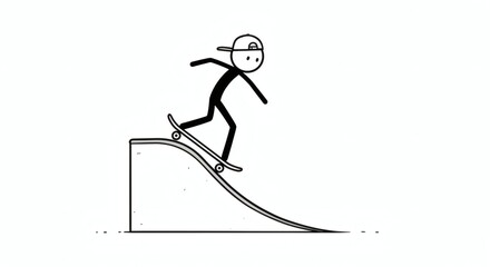 Fototapeta premium Stick Figure Skateboarding Down a Ramp Simple Illustration