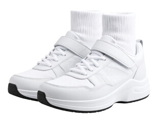 Pair of White Sports Shoes with Velcro Straps and Ankle Socks, Side View, isolated on transparent background.