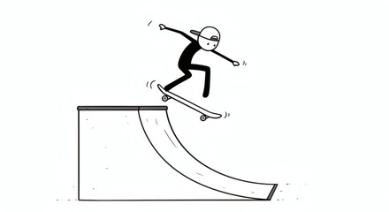 Skateboarding Illustration Ramp Trick, Simple Line Art