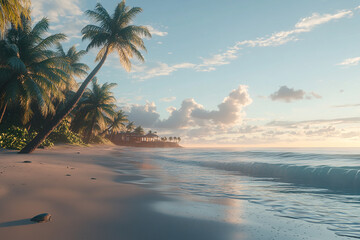 Palm trees on a beach with gentle waves under a cloudy pastel sky view
