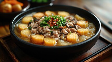 Delicious Asian Noodle Soup with Pork, Tofu, and Vegetables served in a dark bowl