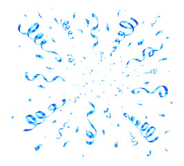 Festive blue confetti and ribbon explosion on white background for celebration decor