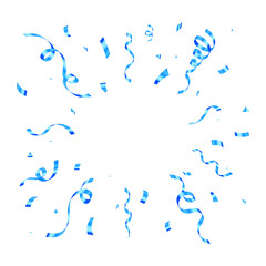 Blue confetti and ribbon explosion on transparent background. serpentine, ribbons vector isolated, Anniversary, celebration, luxury greeting illustration