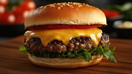 Delicious cheeseburger on wooden board, tomatoes and sauce in background