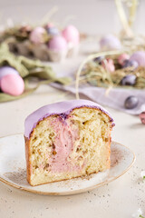 Cut slice of Easter kulich cake with cream filling, bright mood, closeup composition