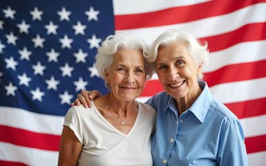 Happy two elderly pensioner women with an American flag on the Independence Day holidays of the United States of America. High quality