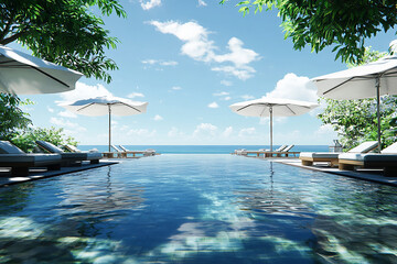 Infinity pool overlooking the ocean with sun umbrellas and lounge chairs lined up