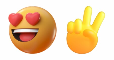 3D rendered emoji with heart eyes and a hand making a peace sign.